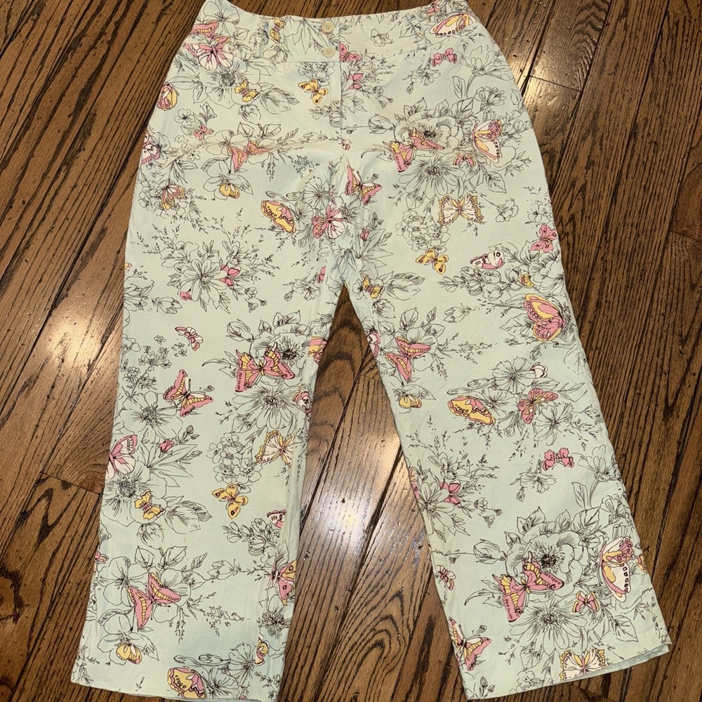 Harold's Silk And Linen‎ Blend Pants Aqua Butterfly Size 6 Crop